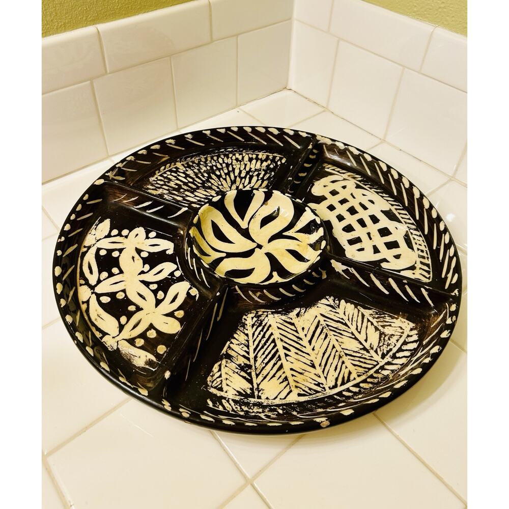 Divided Round Serving Platter Italy Antica Fornace In brown and white design 14”